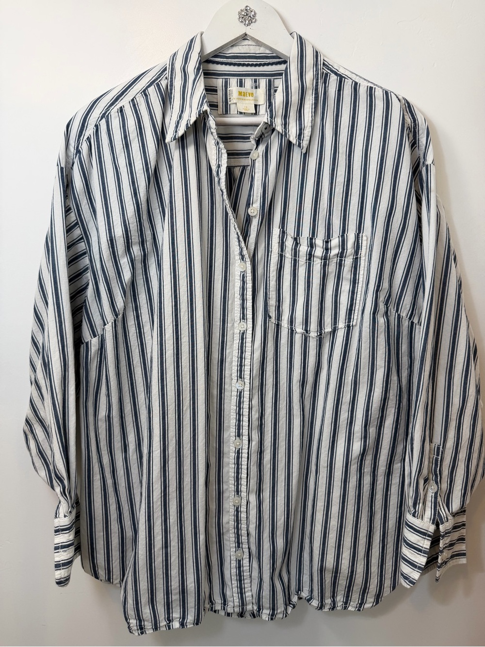 Anthropologie Maeve Navy & White Vertical Stripe Button-Down Shirt